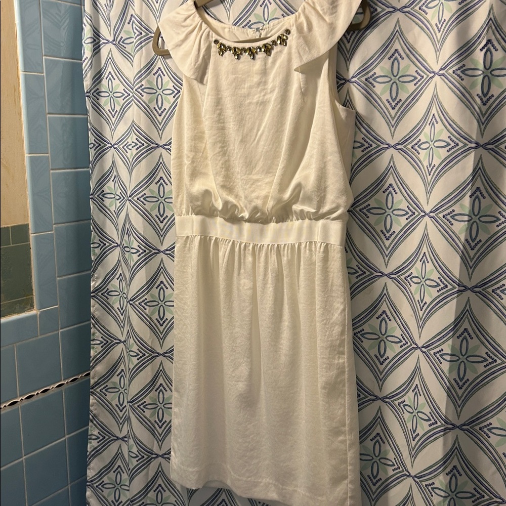EUC LOFT White Dress w/Gem Accents, Lined and Sleeveless, Perfect Gemstones!!!